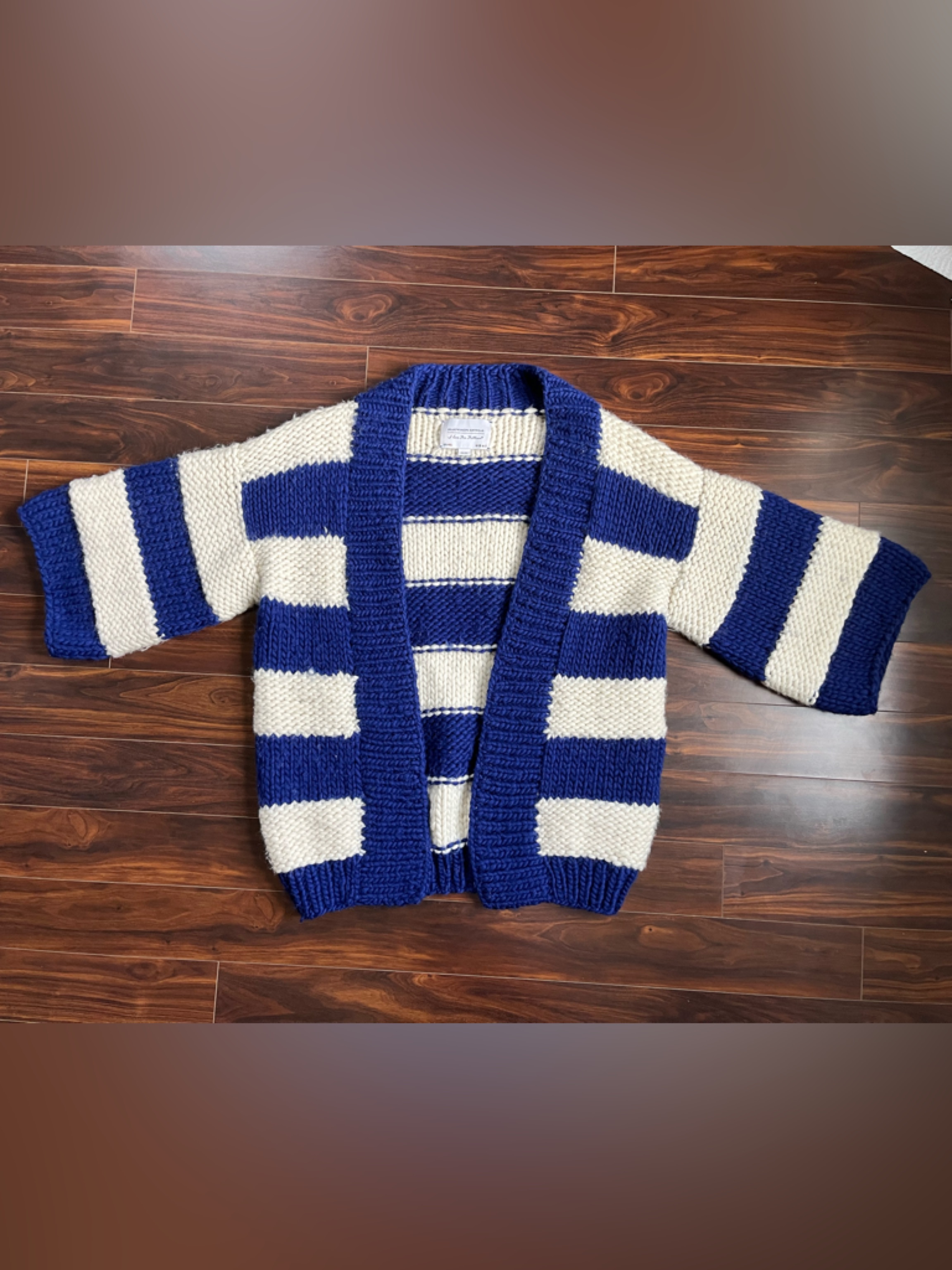 I Love Mr. Mittens Blue And Ivory Striped Blue Chunky Wool Knit Cardigan, Os